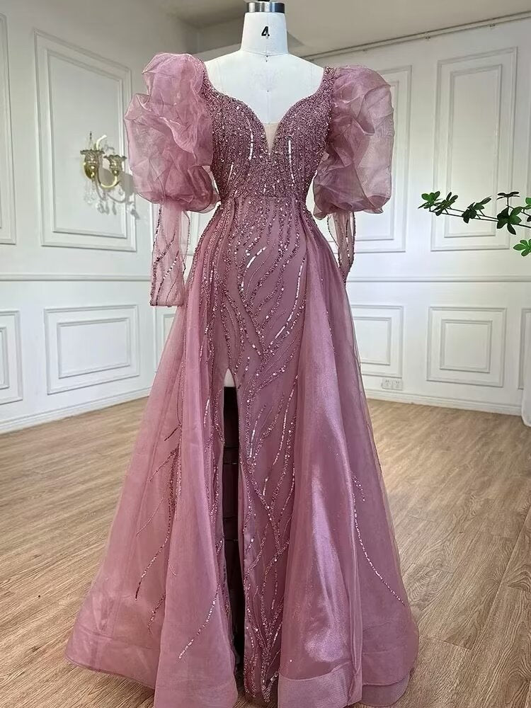 Pink Mermaid High Split Evening Dress, Beaded Bubble Sleeve