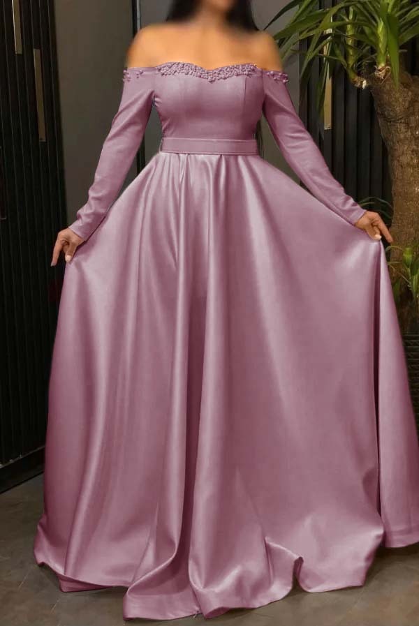 Off the Shoulder Long Sleeves Long Prom Dress With Pleated Beading