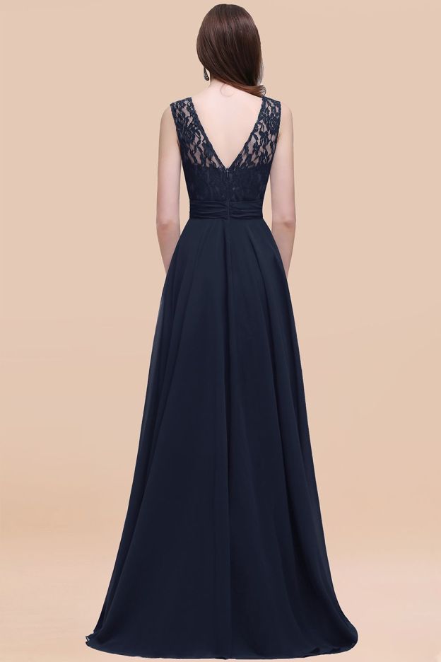 27prom Vintage Lace Scoop Sleeveless Dark Blue Bridesmaid Dress with V-Back-27prom
