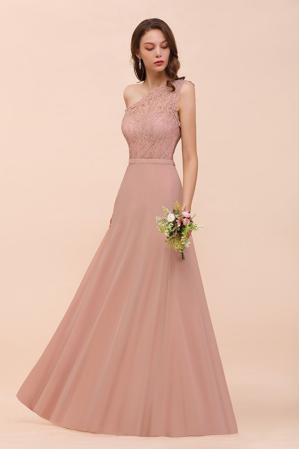 27prom New Arrival Dusty Rose One Shoulder Lace Long Bridesmaid Dress-27prom