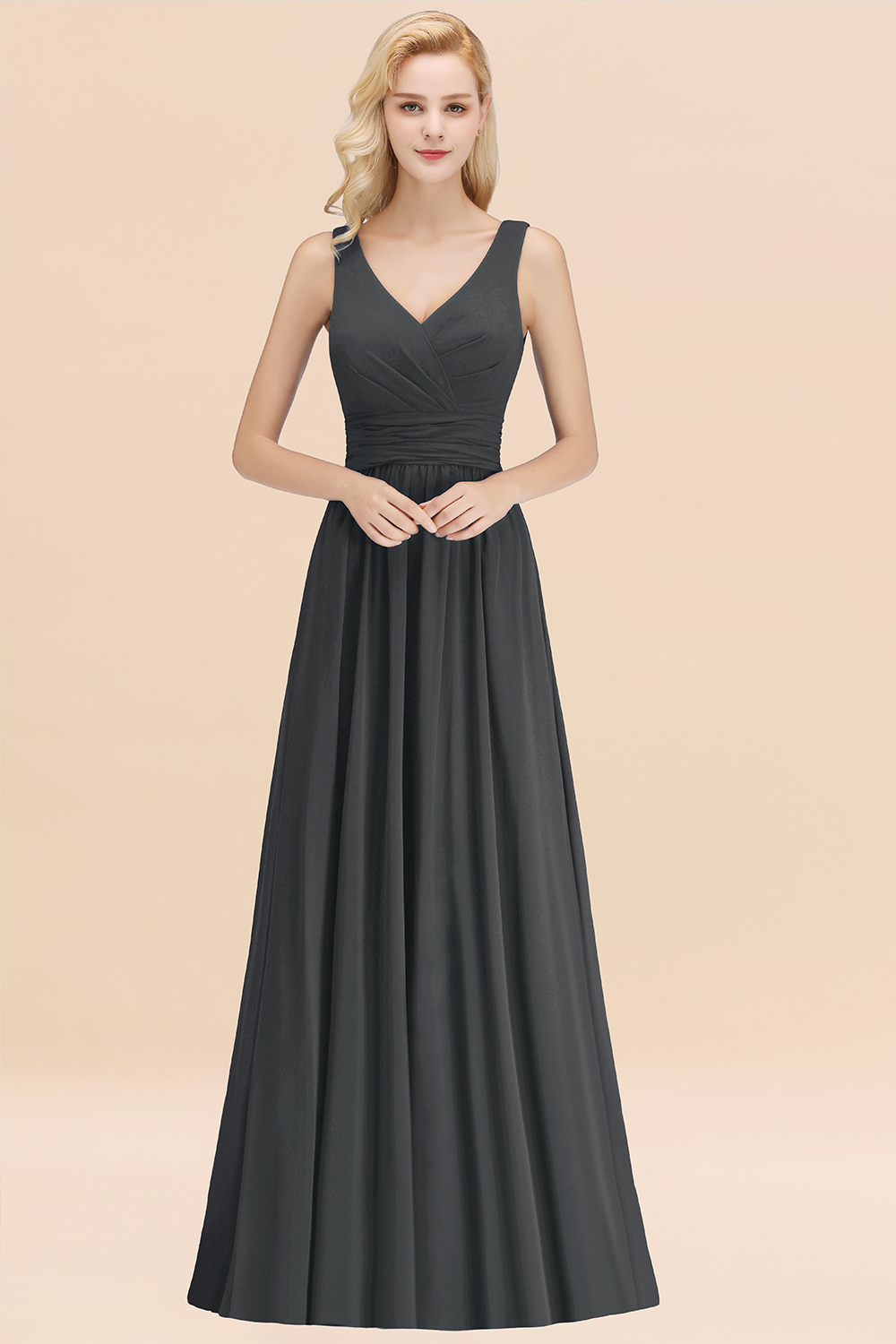 27prom Modest Sleeveless V-Neck Long Chiffon Bridesmaid Dress Online with Ruffle-27prom