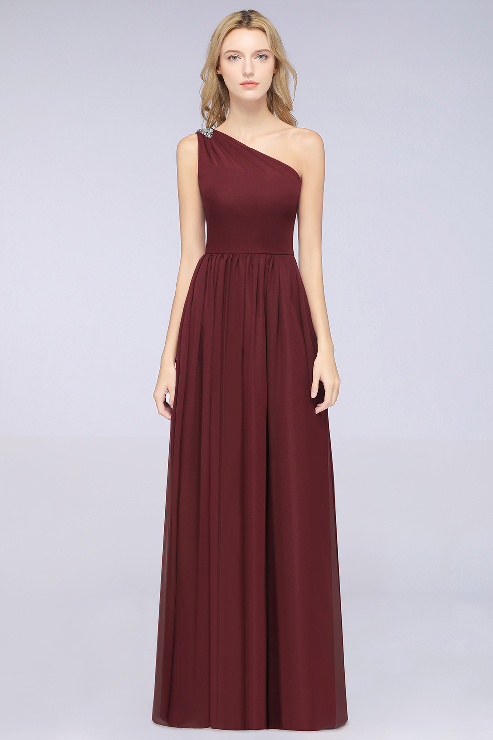 27prom Affordable Chiffon One-Shoulder Ruffle Bridesmaid Dress with Beadings-27prom