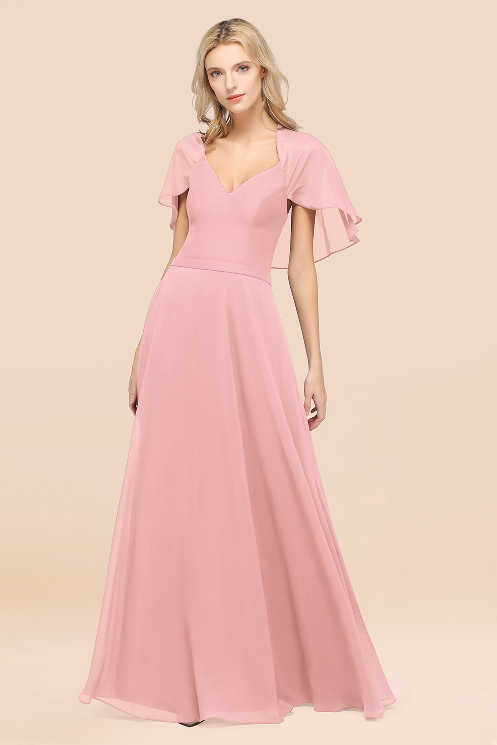 27prom Chic Satin V-Neck Long Burgundy Chiffon Bridesmaid Dress with Flutter Sleeve-27prom