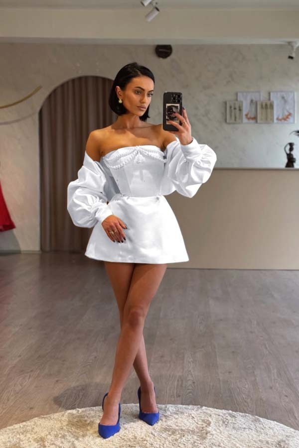 Spaghetti Strap Long Sleeves A Line Prom Dress With Beading