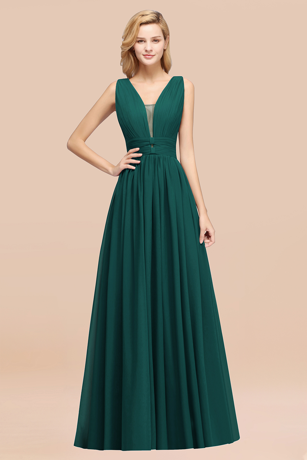 27prom Modest Dark Green Long Bridesmaid Dress Deep V-Neck Chiffon Maid of Honor Dress-27prom