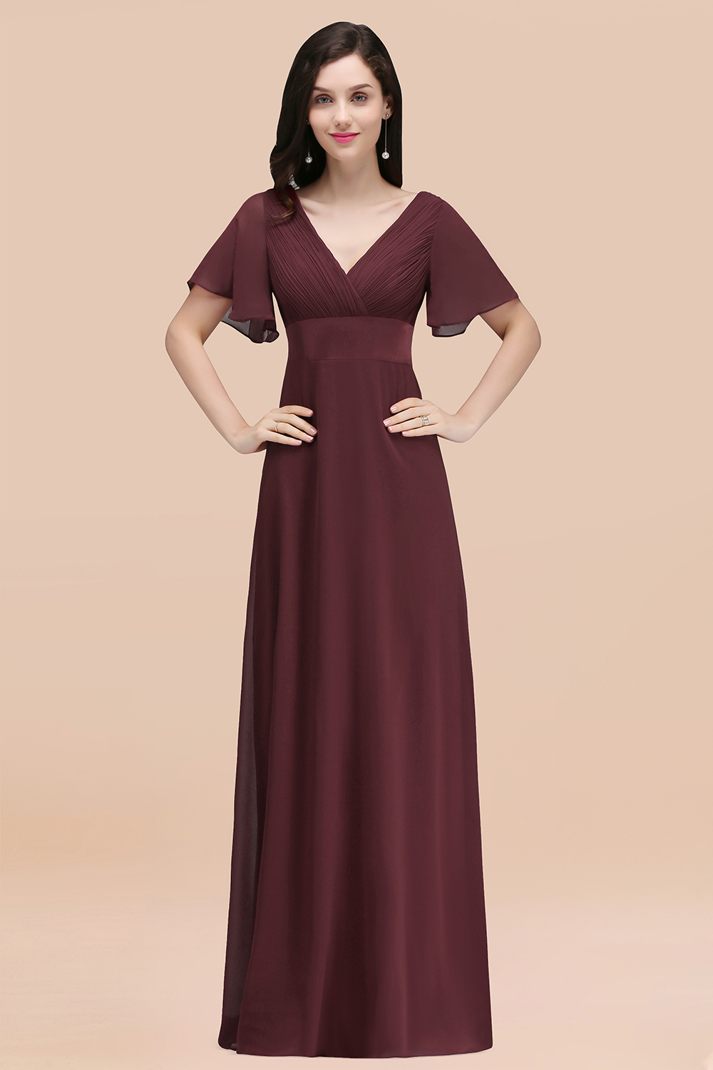 27prom Affordable V-Neck Ruffle Long Burgundy Bridesmaid Dress With Short-Sleeves-27prom