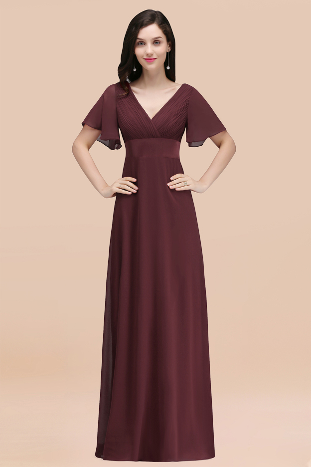 27prom Affordable V-Neck Ruffle Long Burgundy Bridesmaid Dress With Short-Sleeves-27prom