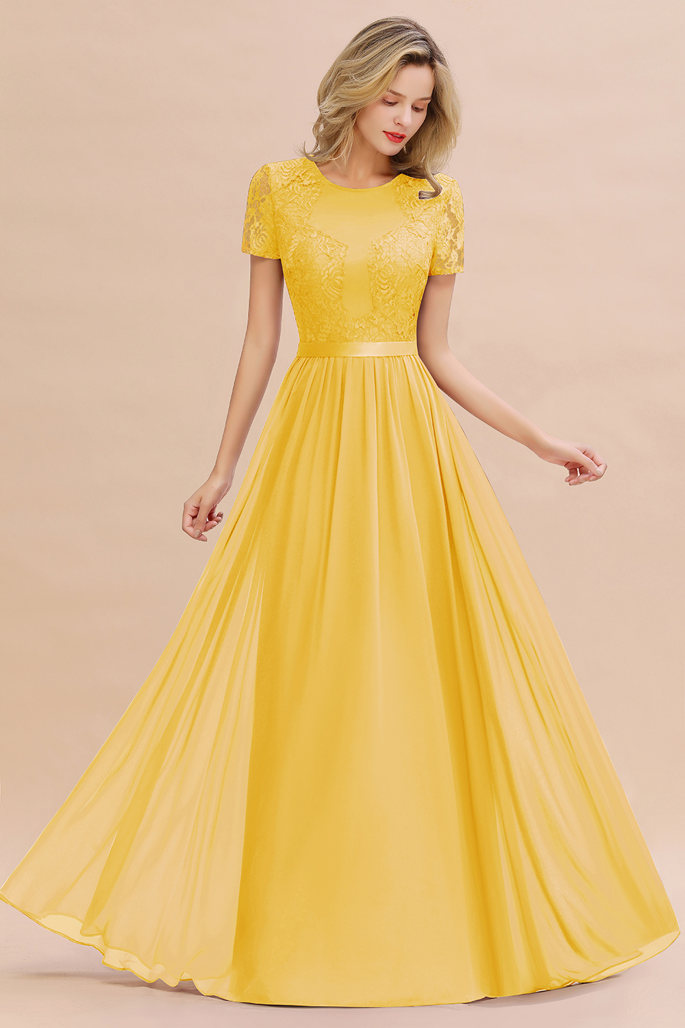 27prom Elegant Chiffon Lace Jewel Short-Sleeves Affordable Bridesmaid Dress-27prom