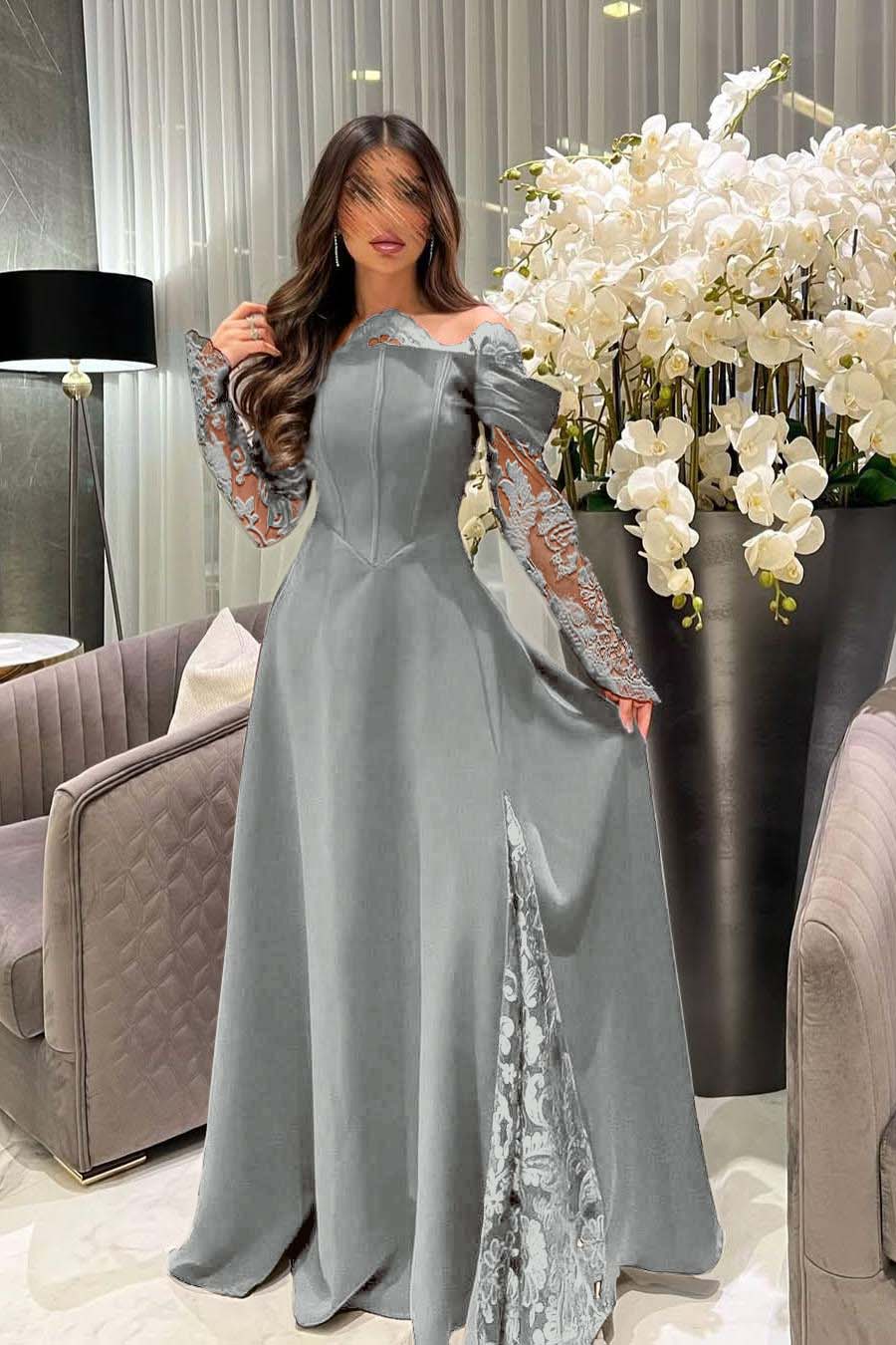 White Off the Shoulder Long Sleeves Long Prom Dress With Appliques