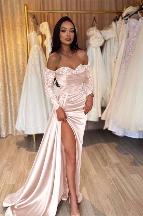 Off the Shoulder Long Sleeves Long Mermaid Prom Dress With Pleated