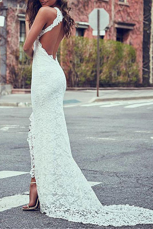 High Neck Lace Summer Beach Wedding Dress