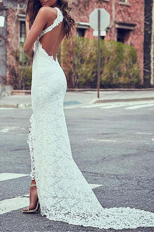 High Neck Lace Summer Beach Wedding Dress
