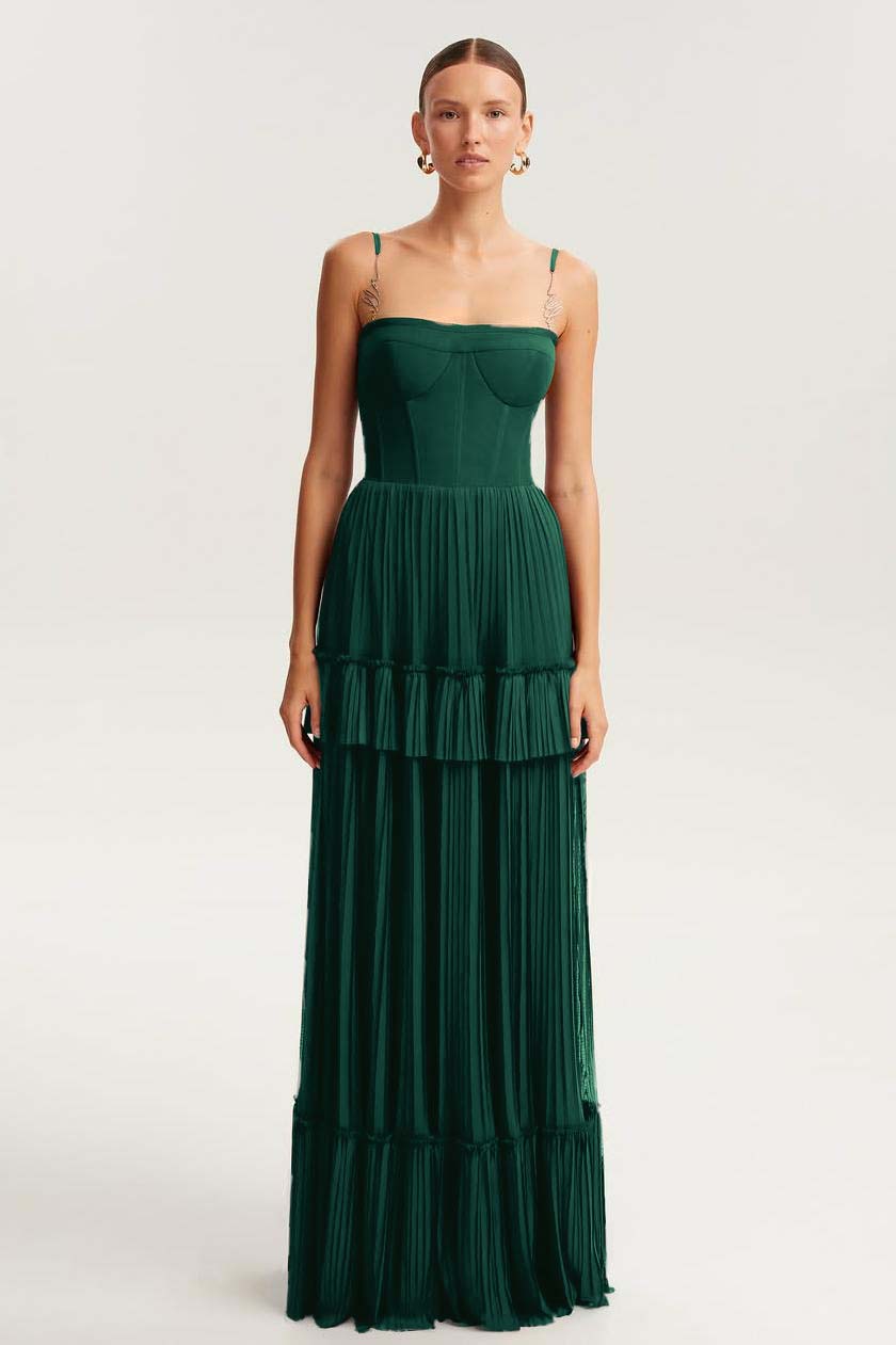 Spaghetti Strap Sleeveless Long Prom Dress With Ruffles