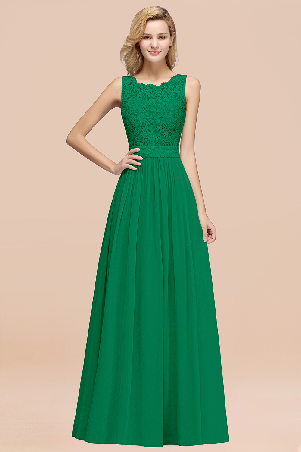 27prom Elegant Chiffon Lace Scalloped Sleeveless Ruffle Bridesmaid Dresses-27prom