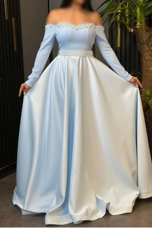 Off the Shoulder Long Sleeves Long Prom Dress With Pleated Beading