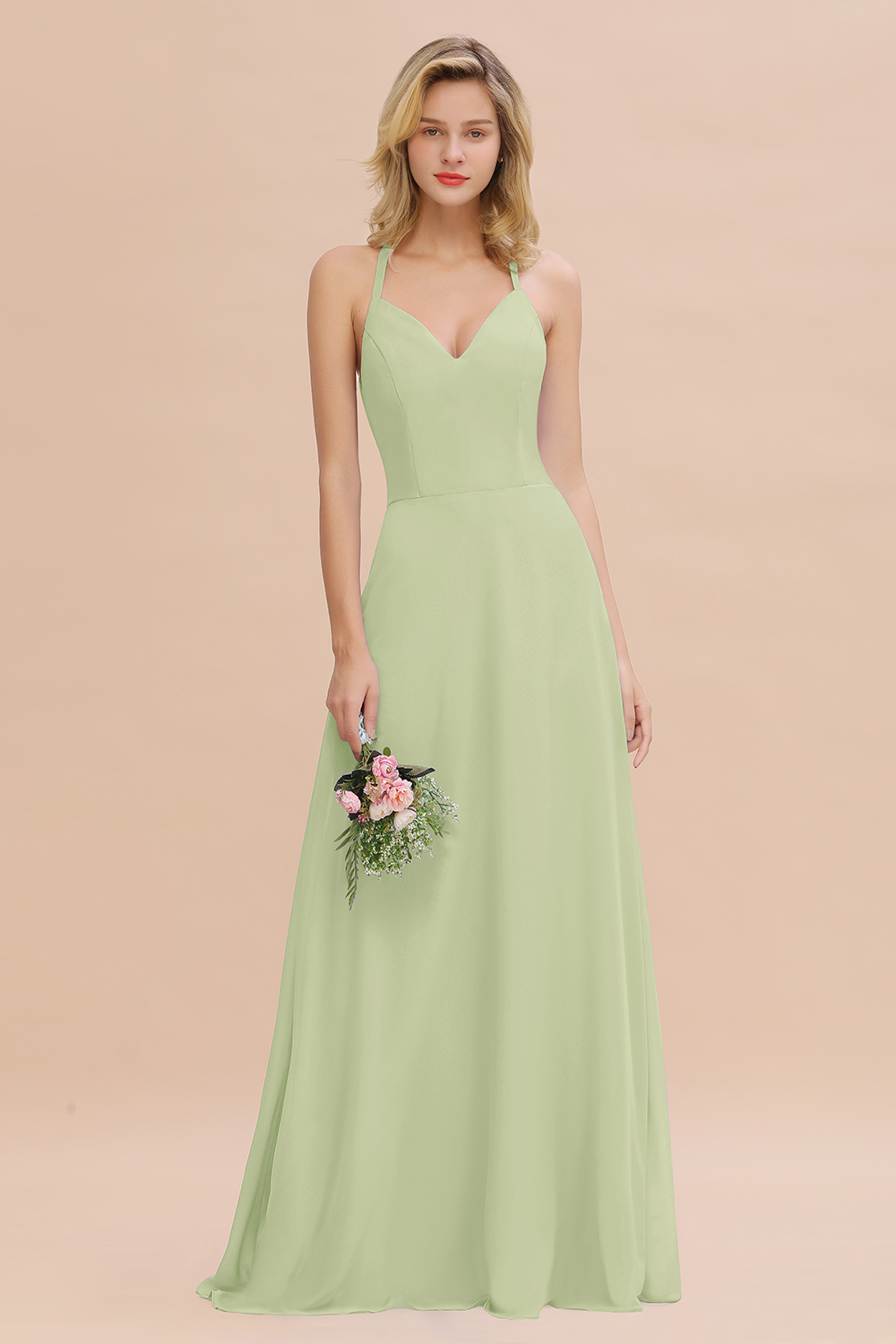 27prom Modest Halter V-Neck Sleeveless Long Bridesmaid Dresses Online-27prom