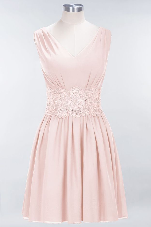 27prom Pretty V-Neck Short Sleeveless Lace Bridesmaid Dresses Online-27prom