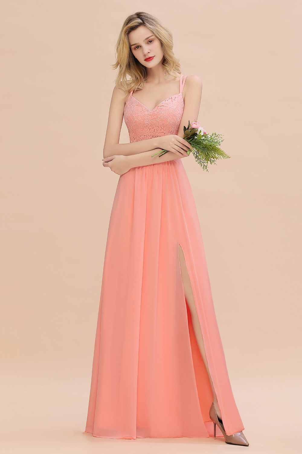 27prom Spaghetti-Straps Coral Lace Bridesmaid Dresses with Slit-27prom