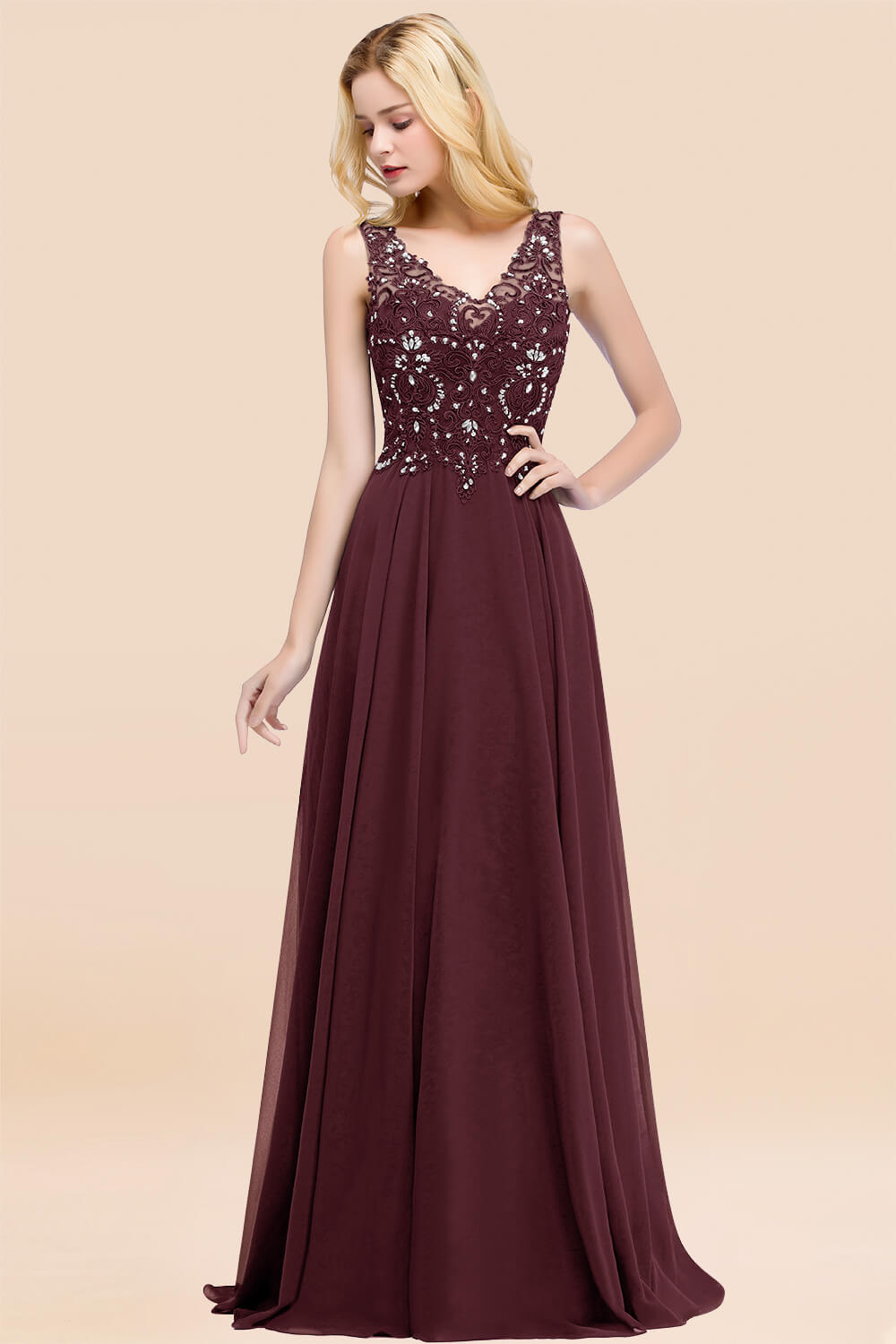 27prom Affordable Lace V-Neck Navy Bridesmaid Dresses With Appliques-27prom