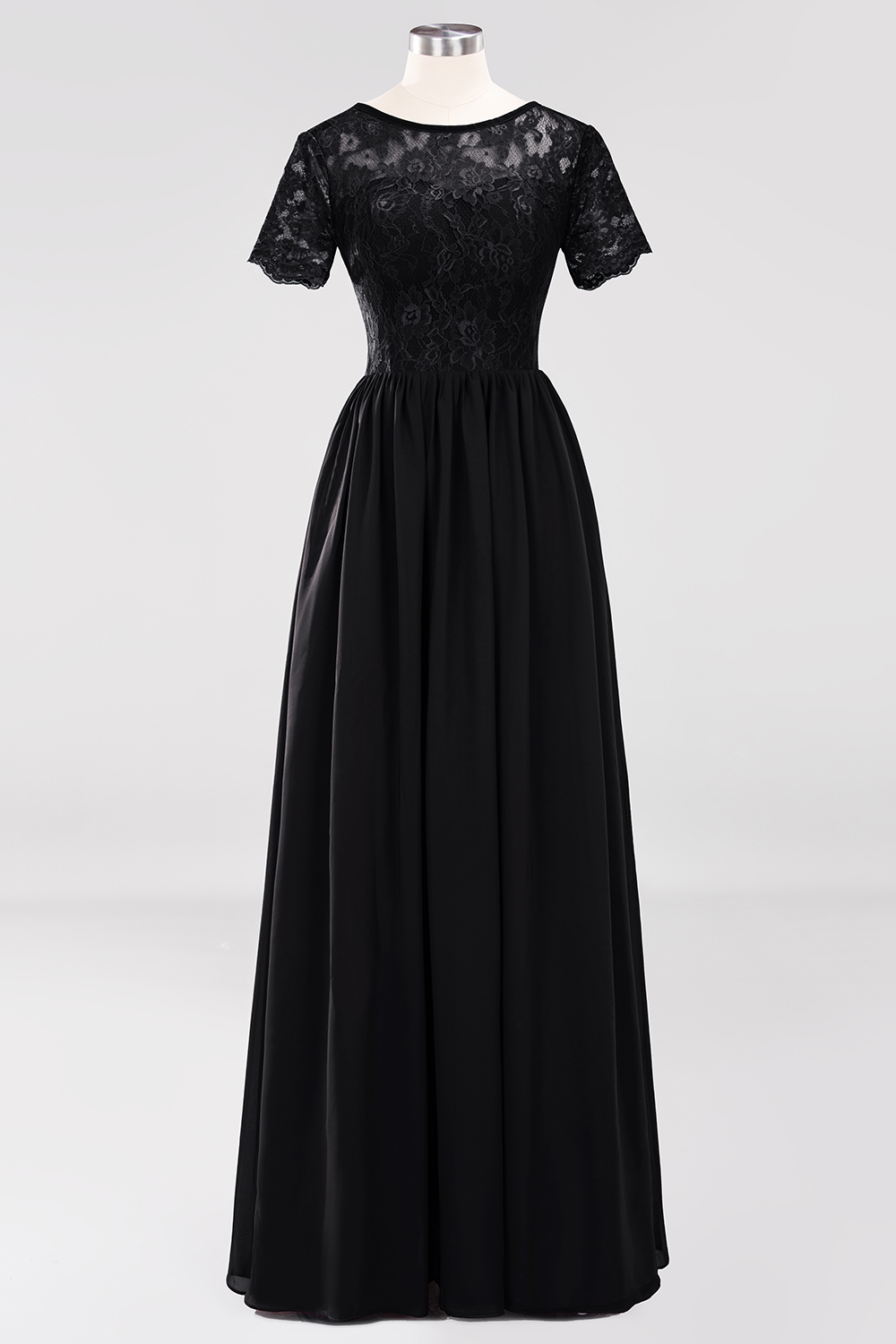 27prom Elegant Dark Navy Long Lace Bridesmaid Dresses with Short-Sleeves-27prom