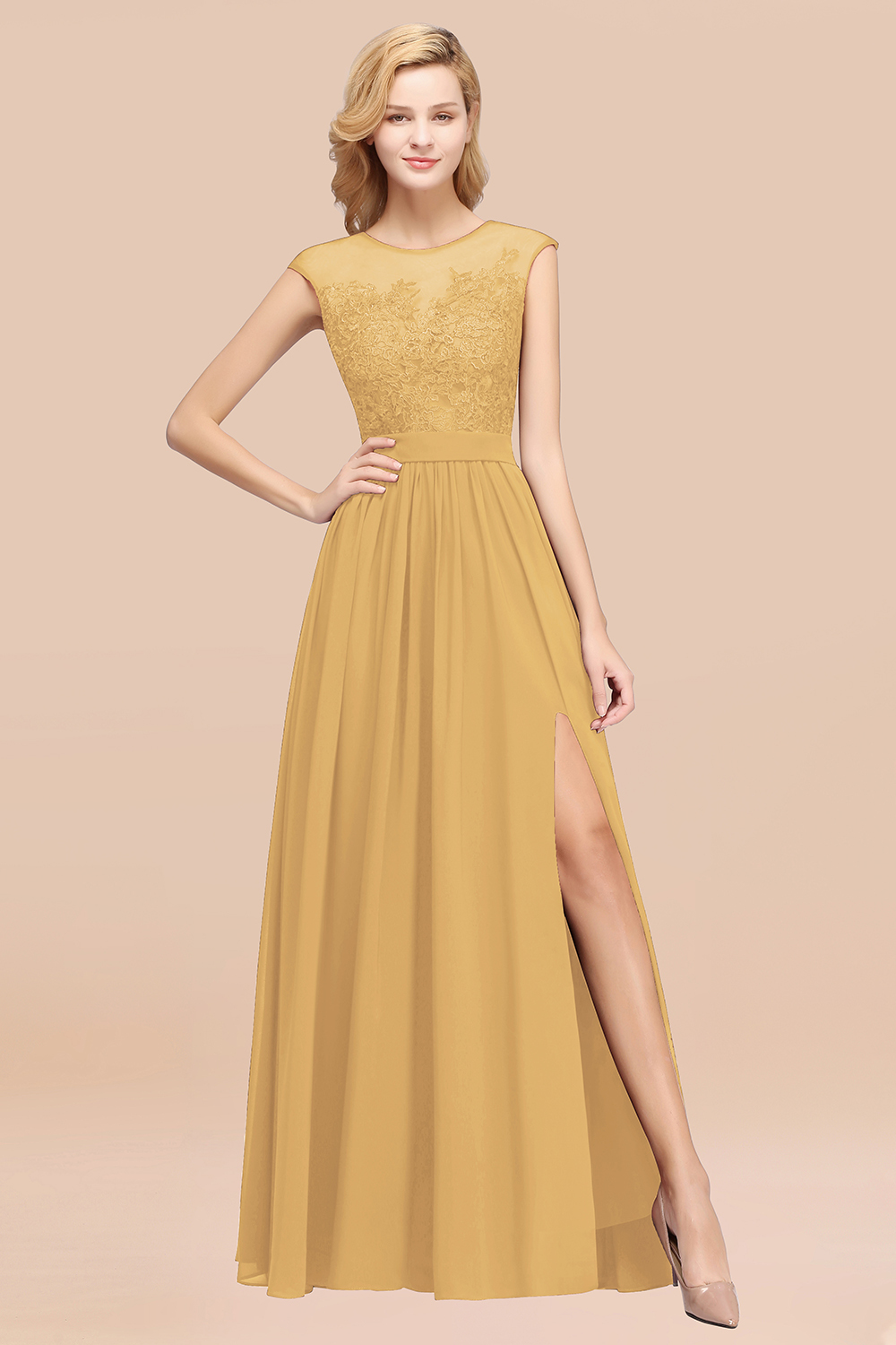 27prom Affordable Scoop Lace Appliques Yellow Bridesmaid Dresses with Slit-27prom