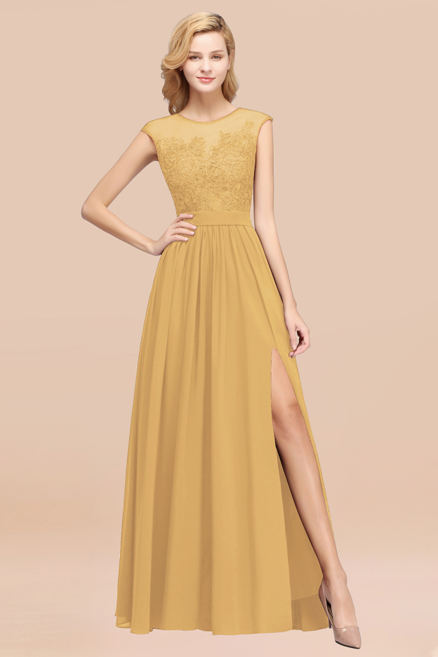 27prom Affordable Scoop Lace Appliques Yellow Bridesmaid Dresses with Slit-27prom