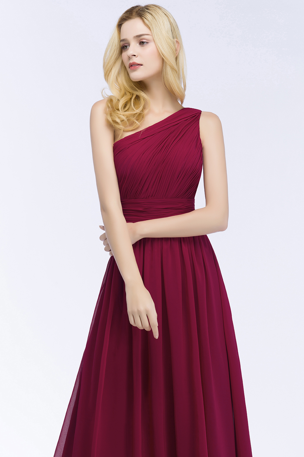 27prom Chic One-shoulder Sleeveless Burgundy Chiffon Bridesmaid Dresses Online-27prom