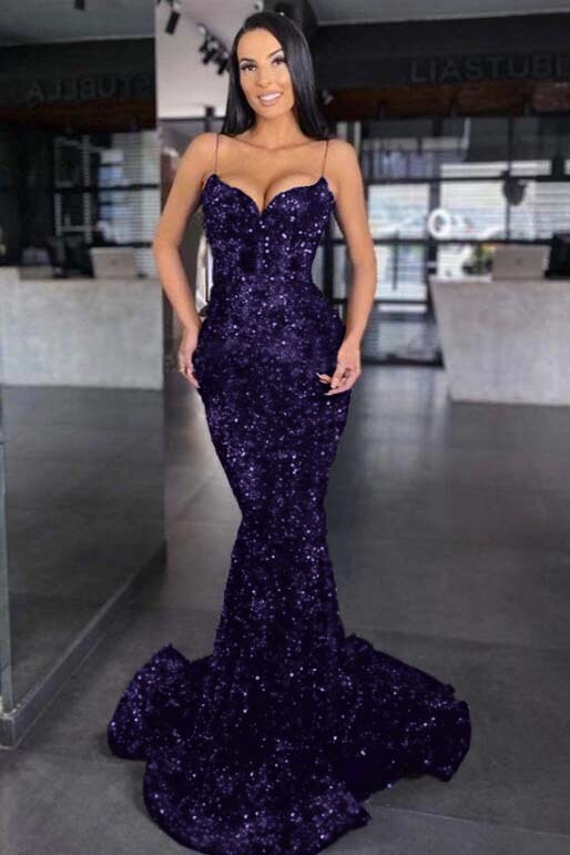 Sweetheart Royal Blue Spaghetti Strap Mermaid Long Prom Dress With Sequins