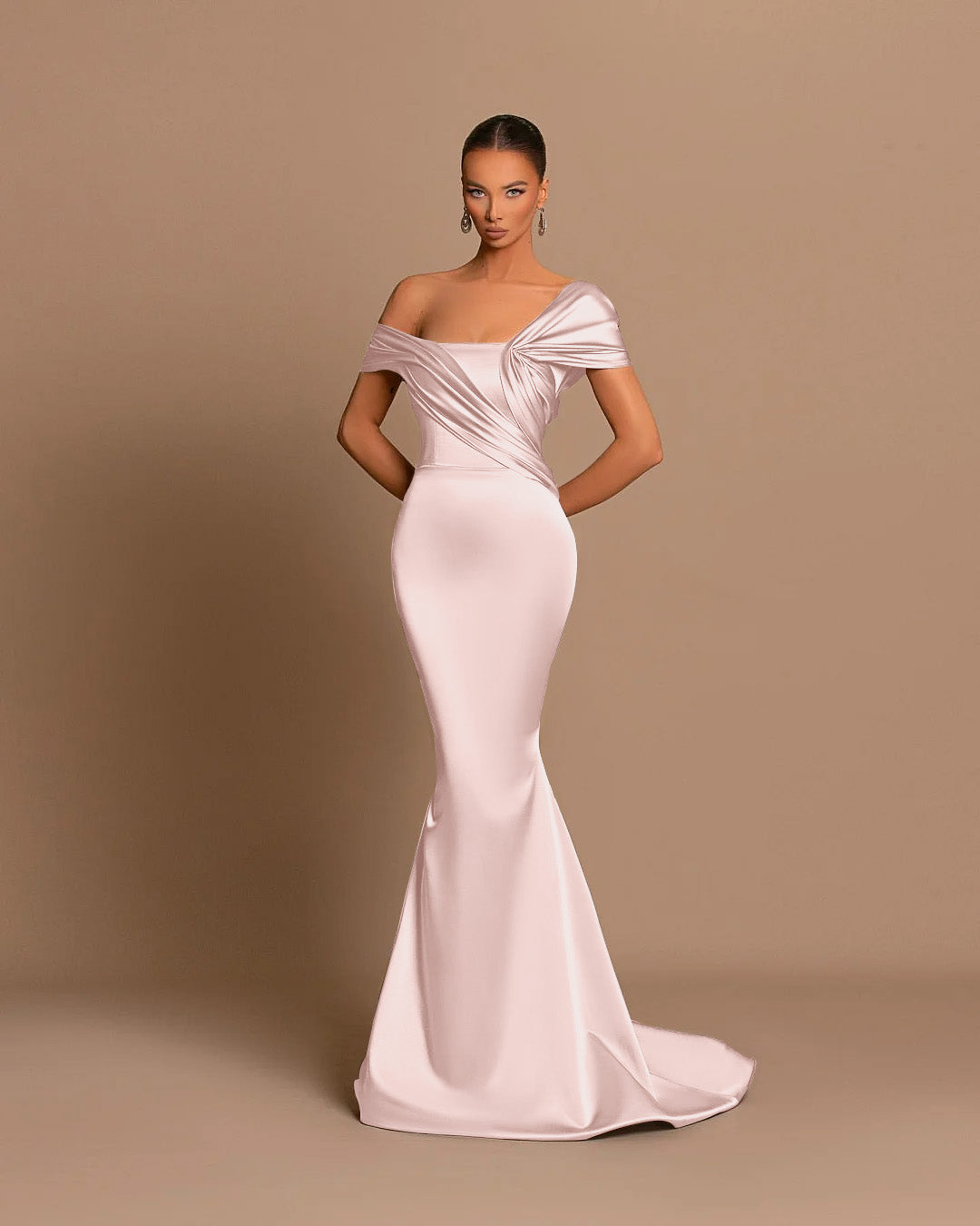 Grey Off-The-Shoulder Evening Dress Bateau Pleated Ball Gown