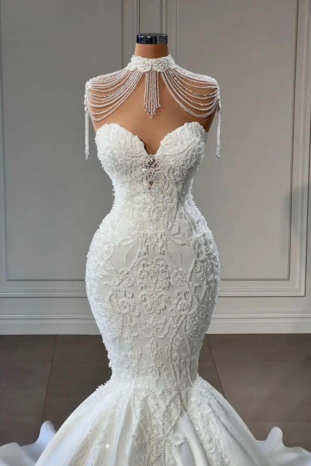 Long Sweetheart Satin Mermaid Wedding Dress with Pearl and Lace