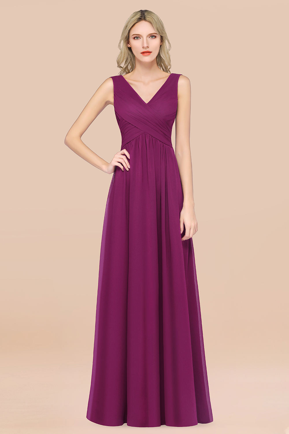 27prom Glamorous Chiffon V-Neck Sleeveless Burgundy Bridesmaid Dress with Draped Back-27prom