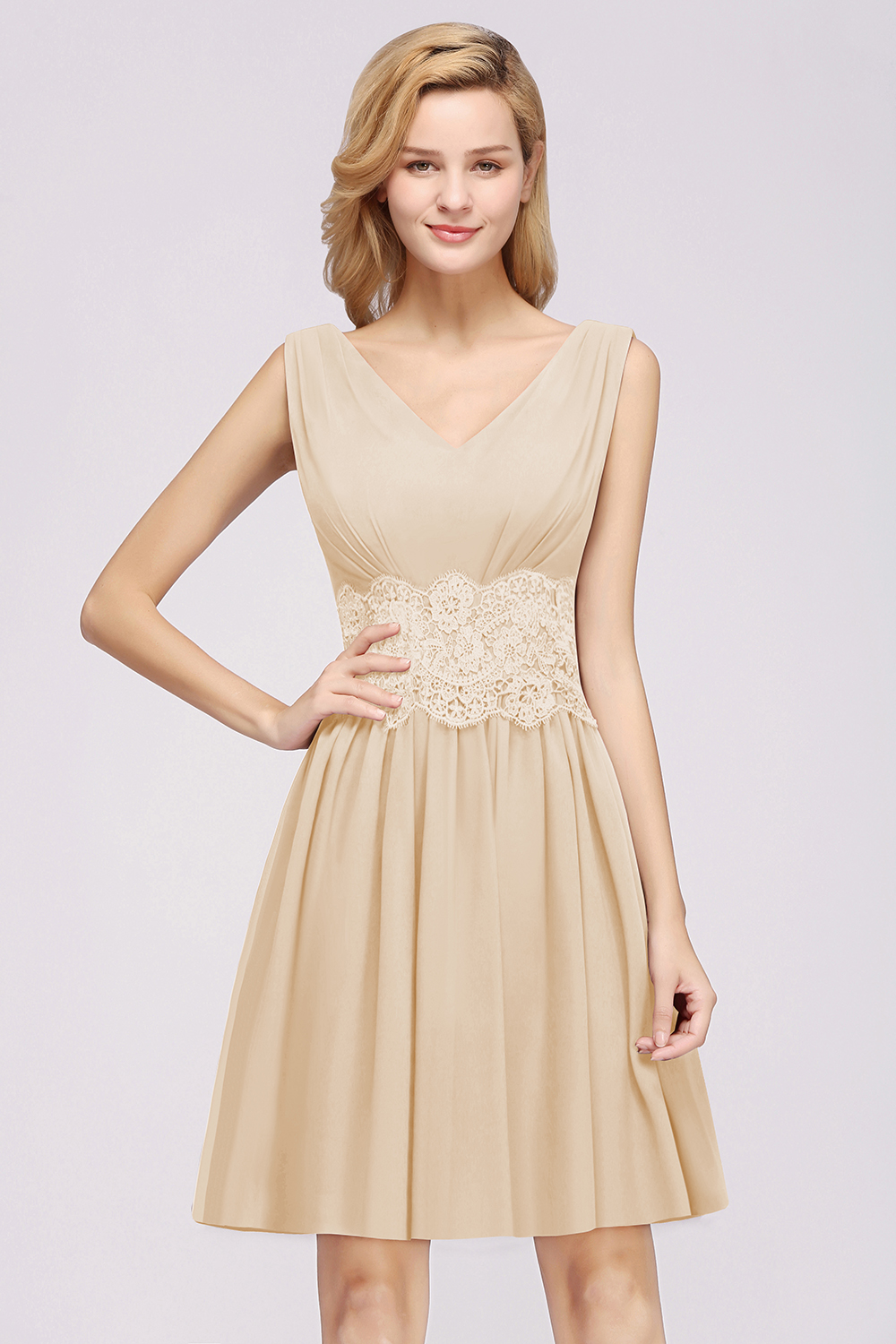 27prom Pretty V-Neck Short Sleeveless Lace Bridesmaid Dresses Online-27prom