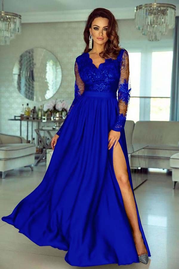 Charming V Neck Long Sleeves Lace A Line Long Prom Dress With Side Split