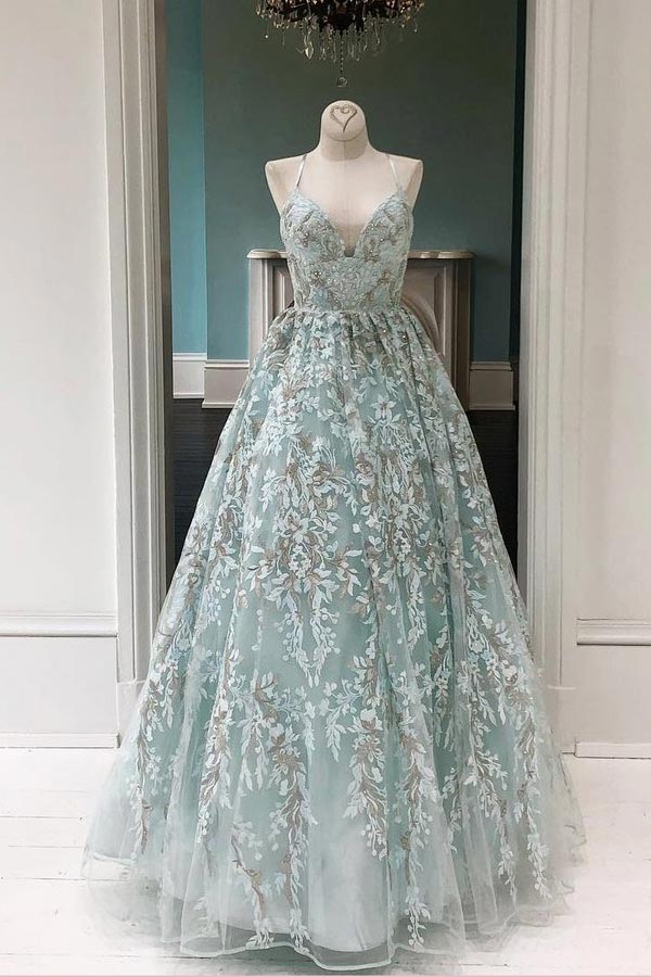 Fablous Ball Gown V Neck Spaghetti Straps Long Prom Dress With Appliques