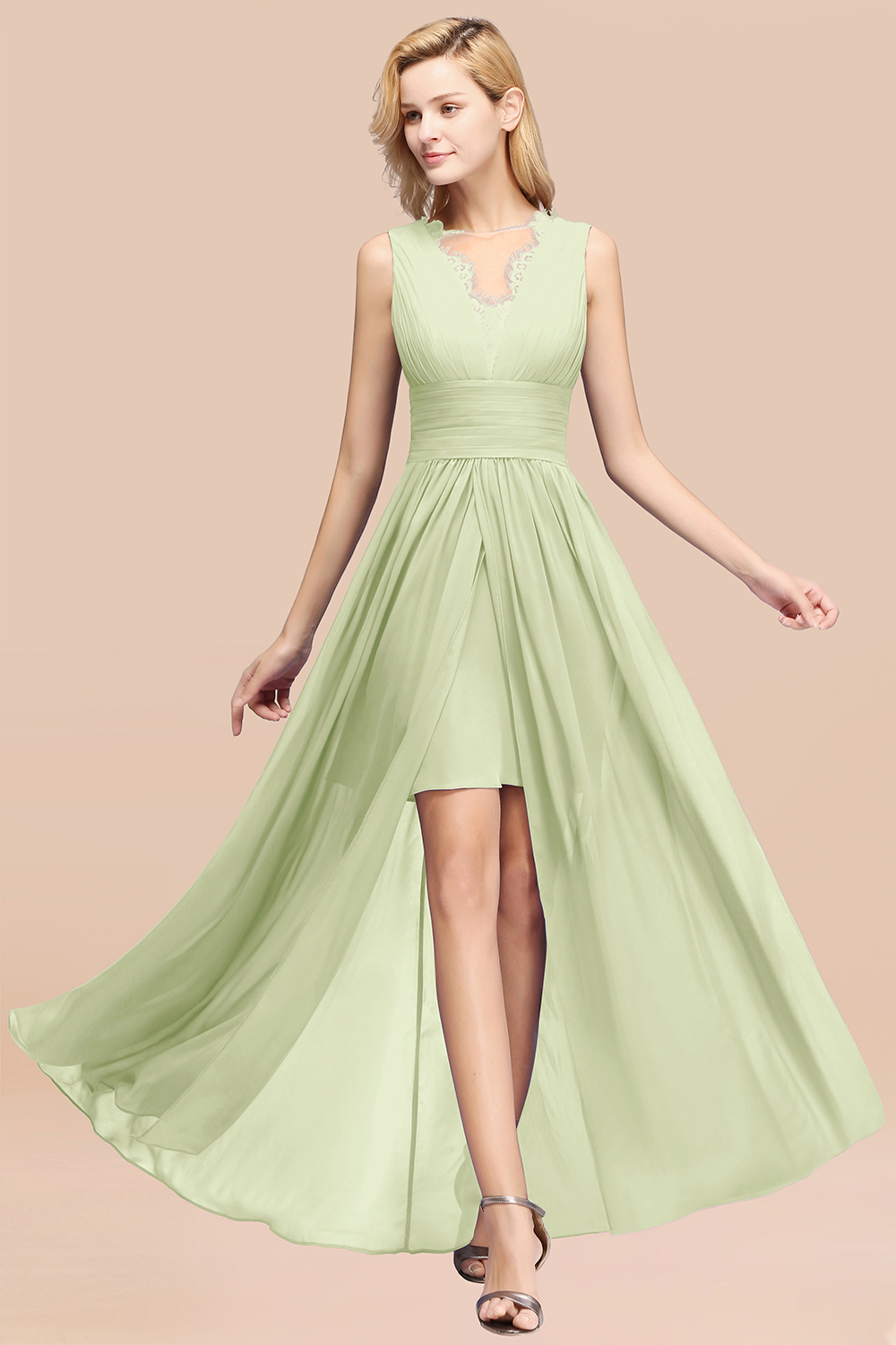 27prom Elegant Chiffon Lace Jewel Sleeveless Bridesmaid Dress with Ruffle-27prom
