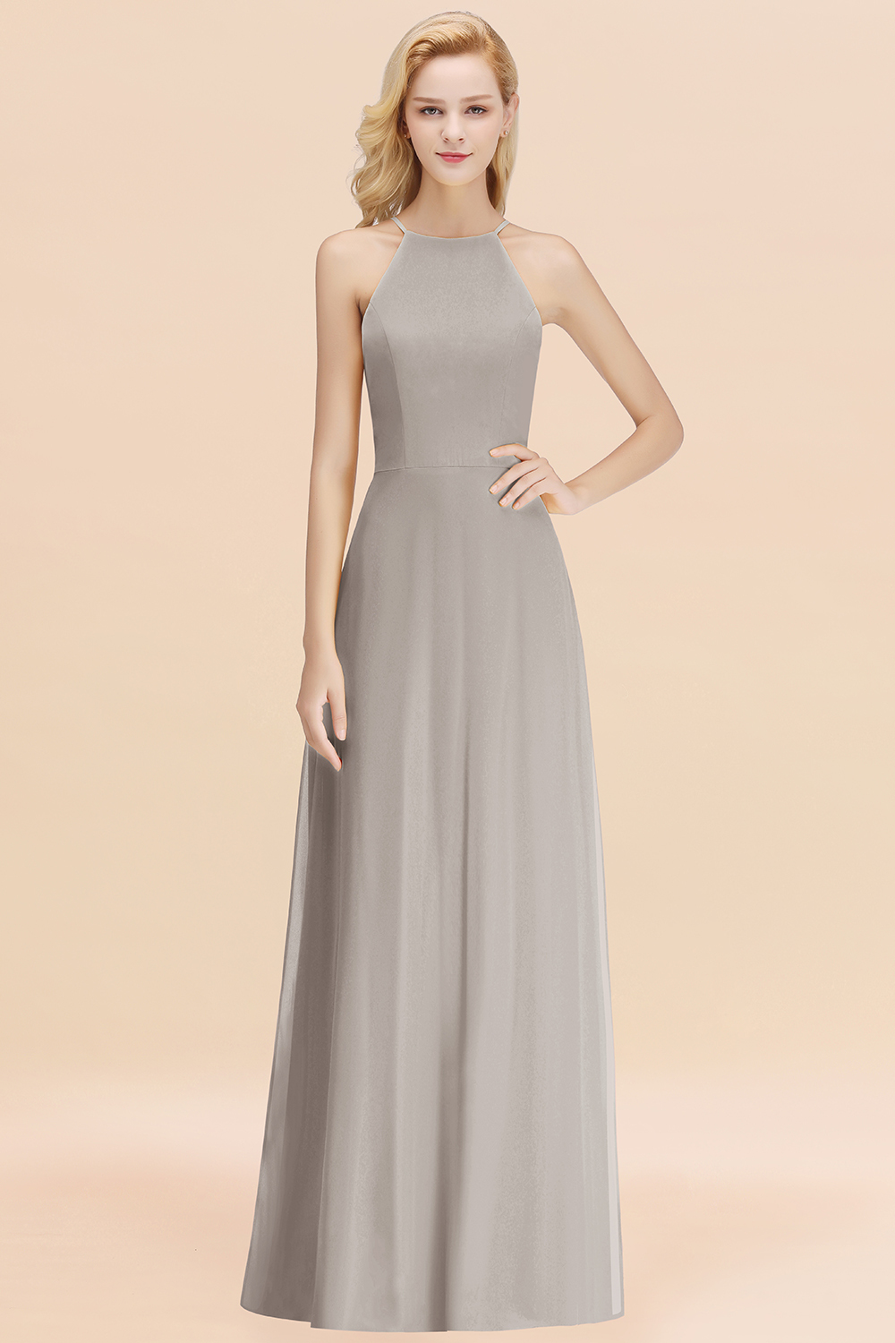 27prom Modest High-Neck Yellow Chiffon Affordable Bridesmaid Dresses Online-27prom