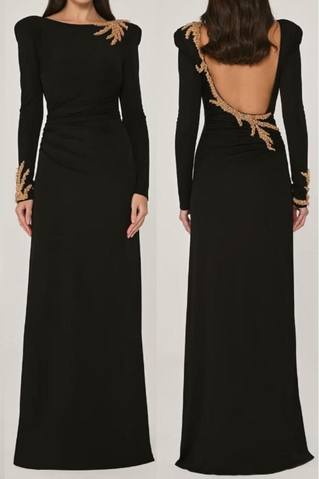 Long Sleeves Long Backless Prom Dress With Appliques Pleated