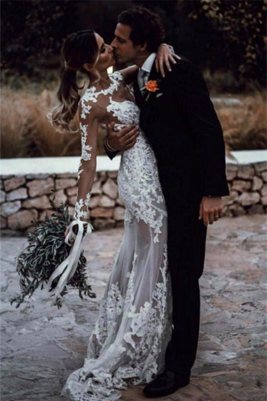 Long Sleeve Column Backless Mermaid Tulle Wedding Dress with Lace Appliques