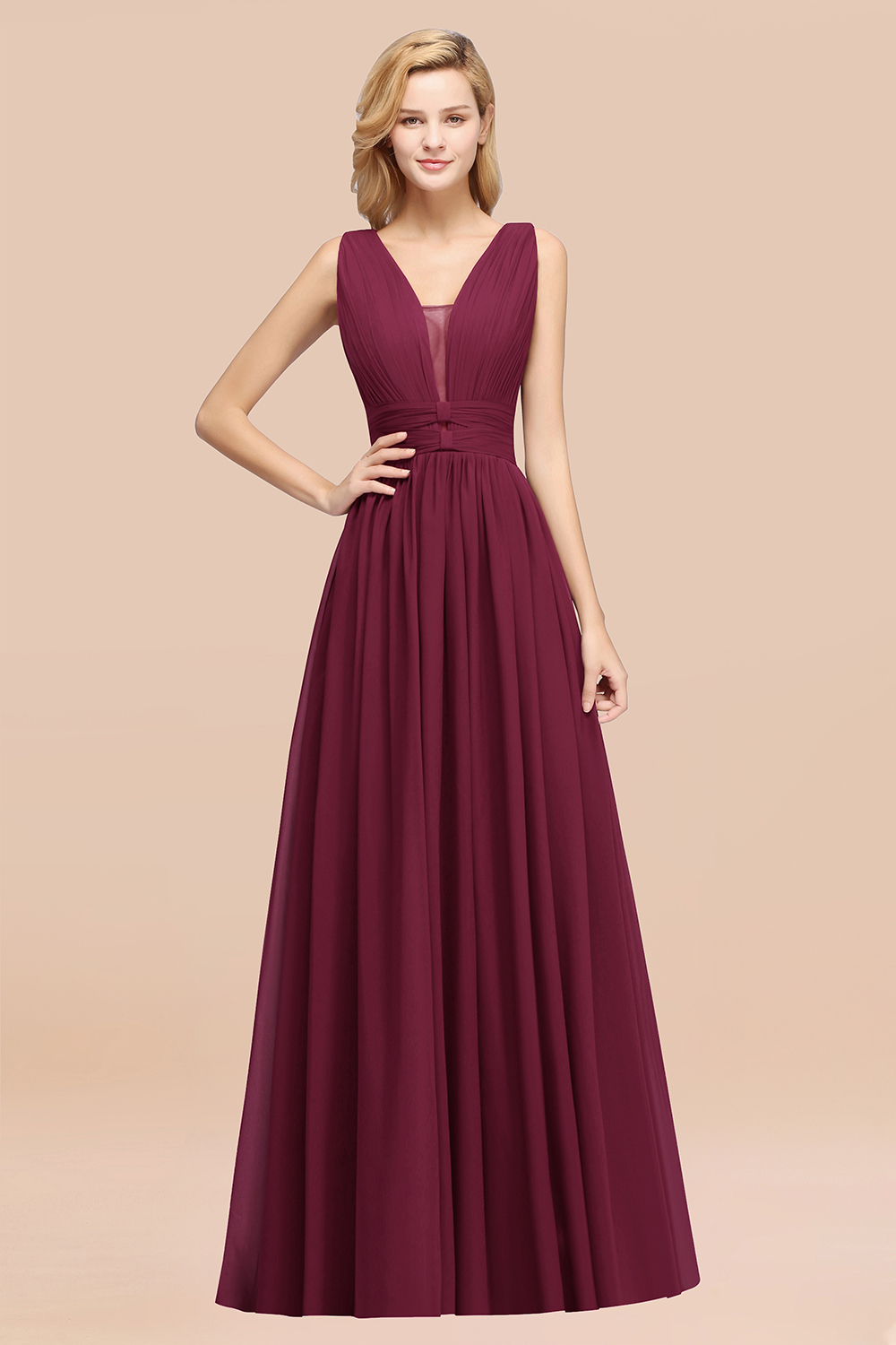 27prom Modest Dark Green Long Bridesmaid Dress Deep V-Neck Chiffon Maid of Honor Dress-27prom