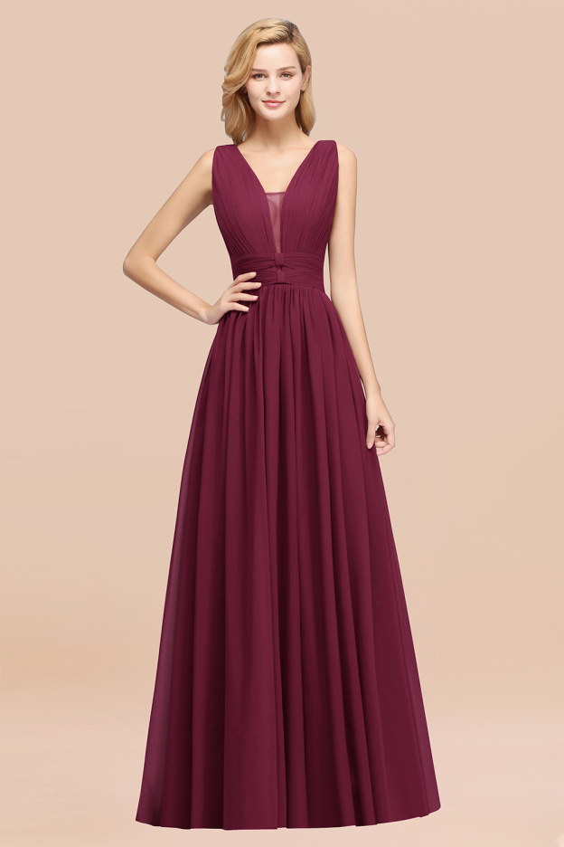27prom Modest Dark Green Long Bridesmaid Dress Deep V-Neck Chiffon Maid of Honor Dress-27prom