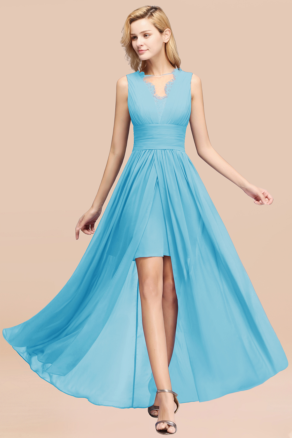 27prom Elegant Chiffon Lace Jewel Sleeveless Bridesmaid Dress with Ruffle-27prom