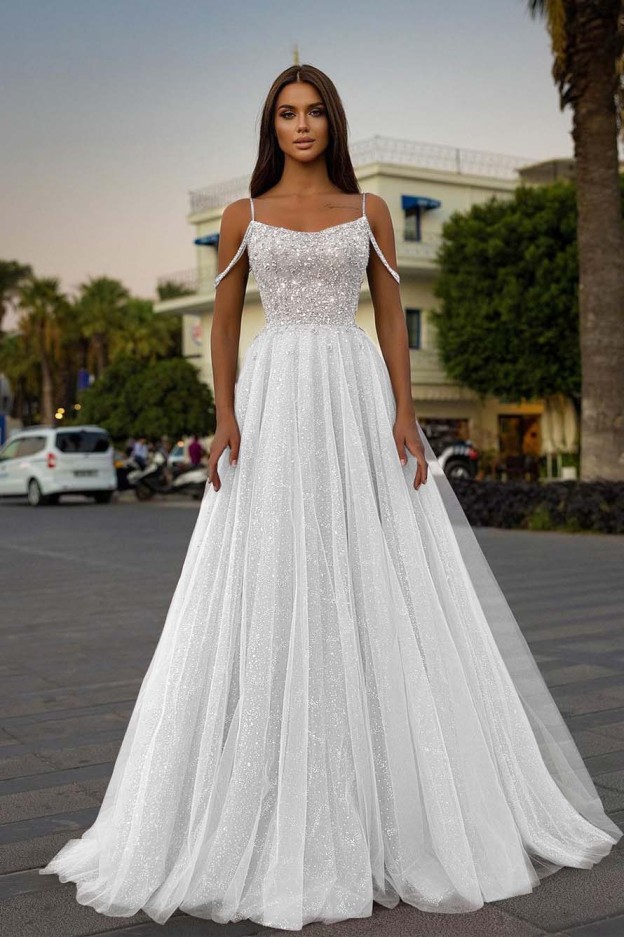 Tulle Spaghetti Strap Sleeveless A Line Long Prom Dress With Sequins Beads