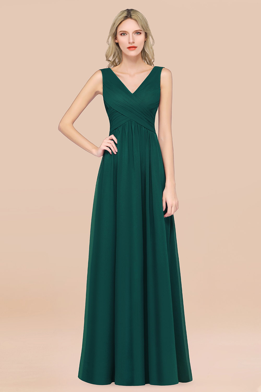 27prom Glamorous Chiffon V-Neck Sleeveless Burgundy Bridesmaid Dress with Draped Back-27prom