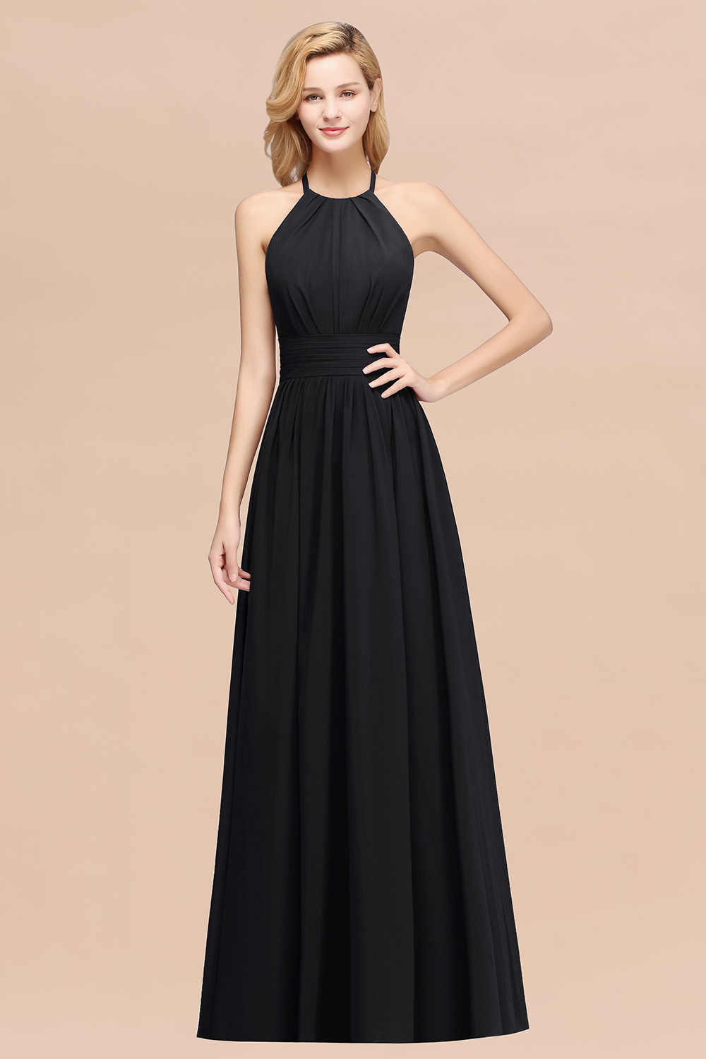 27prom Elegant High-Neck Halter Long Affordable Bridesmaid Dresses with Ruffles-27prom