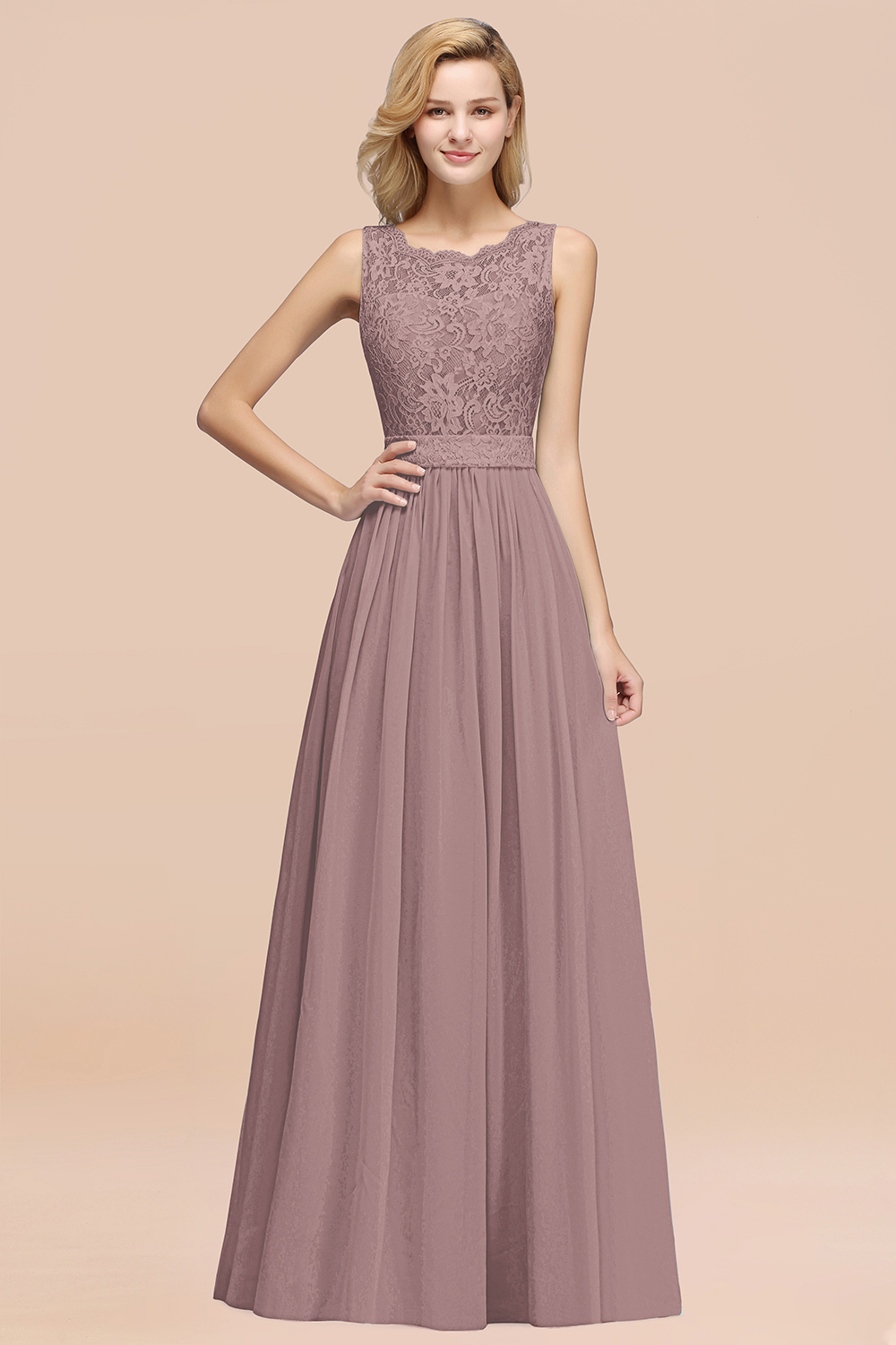27prom Elegant Chiffon Lace Scalloped Sleeveless Ruffle Bridesmaid Dresses-27prom