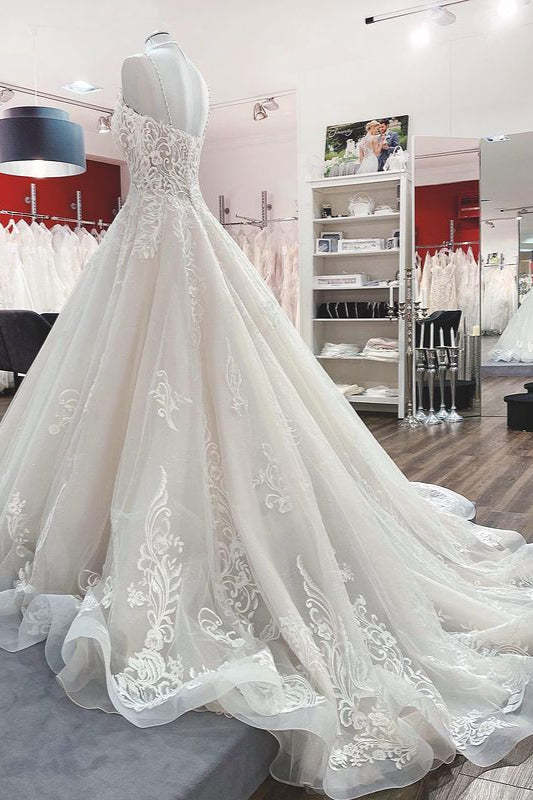 V-Neck Spaghetti Strap Ball Gown Tulle Wedding Dress with Lace Ruffles