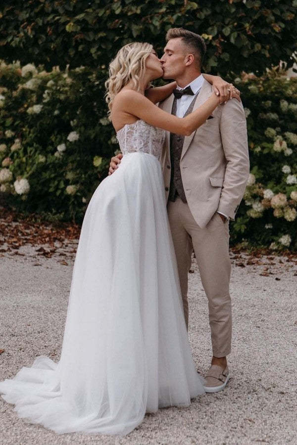 Gorgeous Long A-line Wedding Dress Sweetheart Front Slit With Lace Tulle