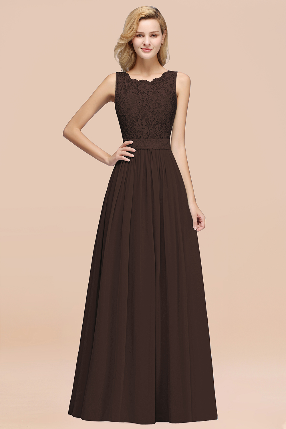 27prom Elegant Chiffon Lace Scalloped Sleeveless Ruffle Bridesmaid Dresses-27prom