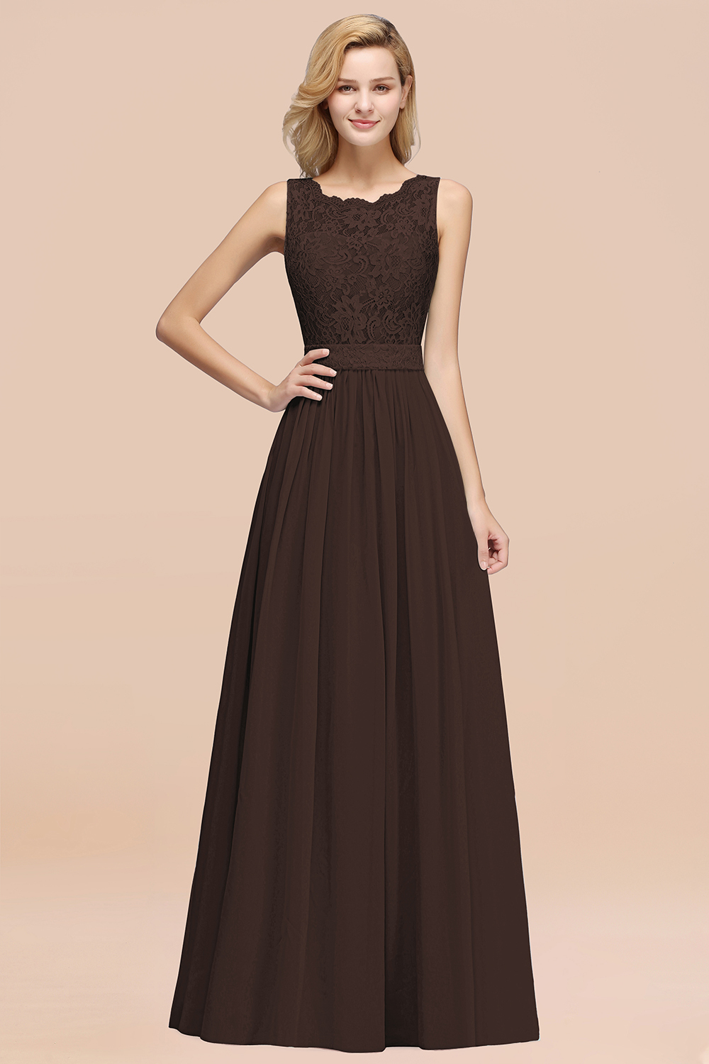 27prom Elegant Chiffon Lace Scalloped Sleeveless Ruffle Bridesmaid Dresses-27prom
