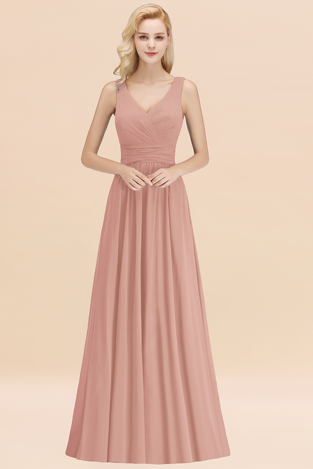 27prom Modest Sleeveless V-Neck Long Chiffon Bridesmaid Dress Online with Ruffle-27prom